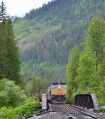 W/B trailing DPU, CP 7017 on a unit potash train, just west of Taft Rd, Malakwa, B.C., and just crossed the Eagle River bridge.